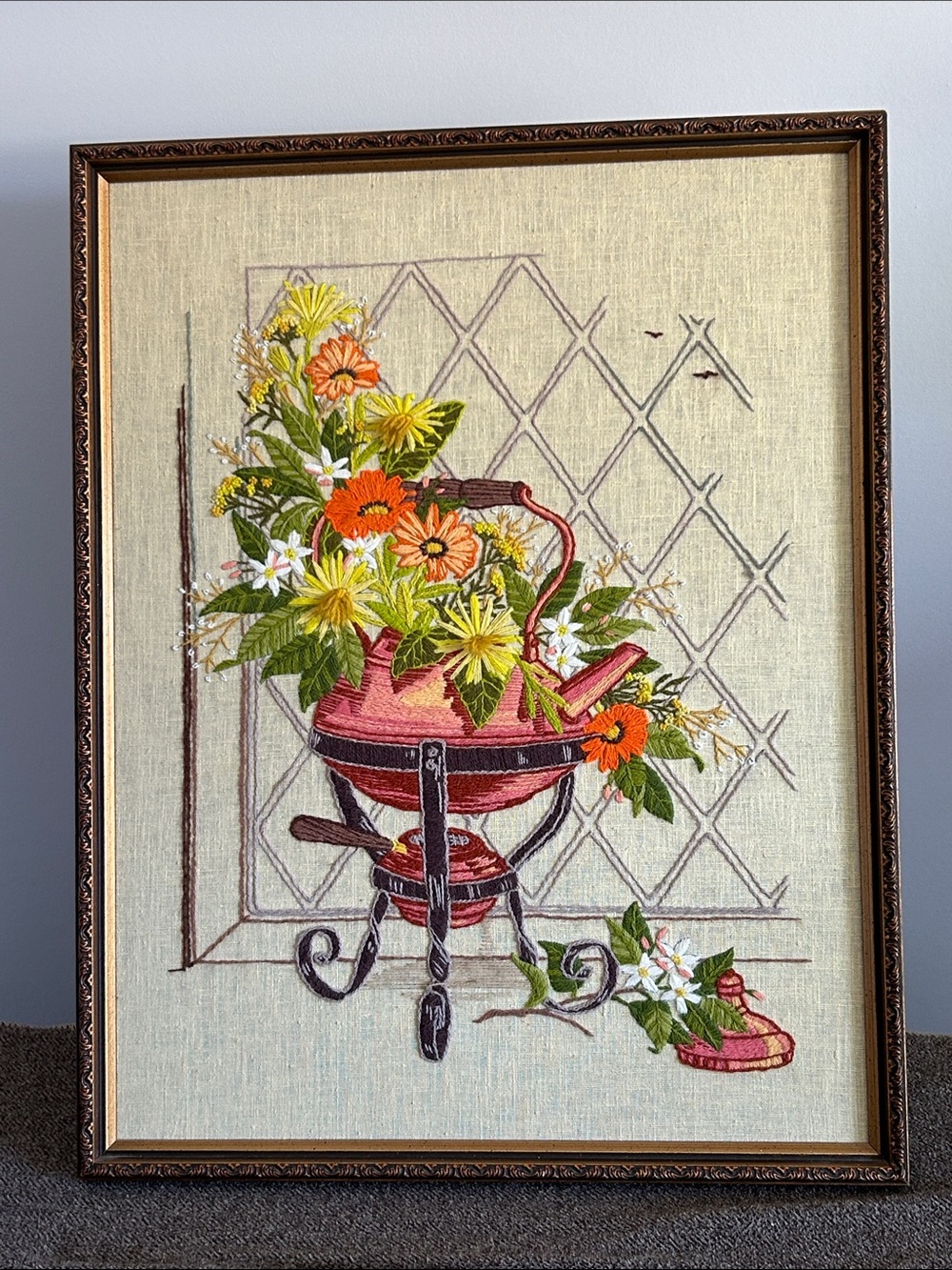 Vintage Floral Watering Can Embroidery Wall Art - Pink & Orange
